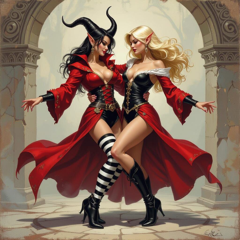 Tiefling and Elf Dance: Fantasy Oil Painting