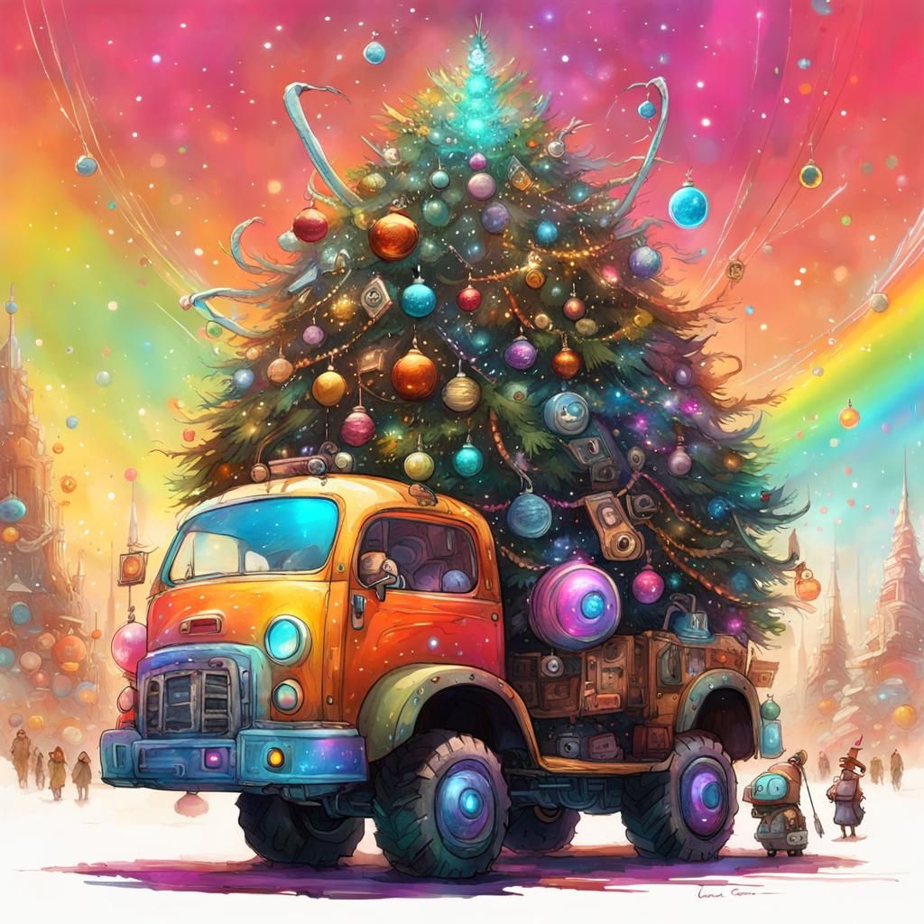 Rainbow Christmas Monster Truck in Cyberpunk Spaceport