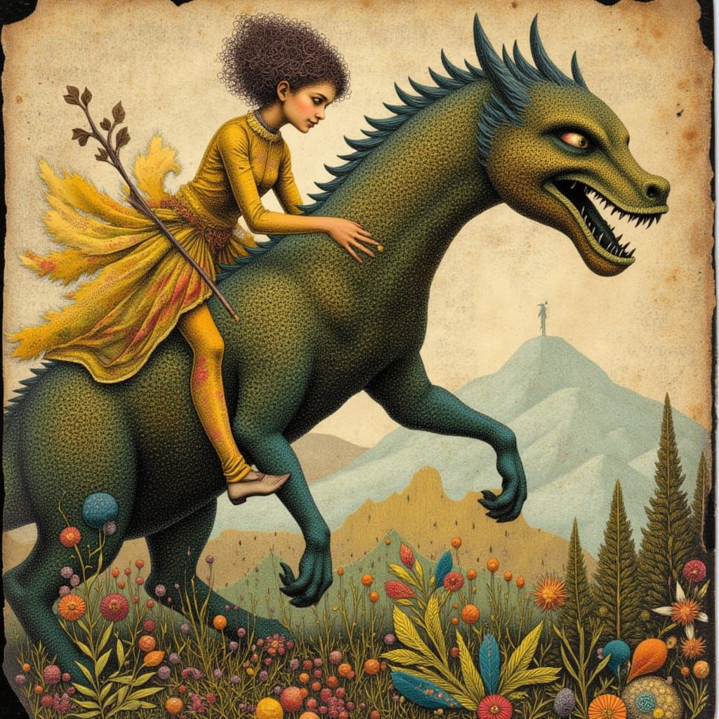 Dragon Dominates Layered Storybook Collage with Mixed Media