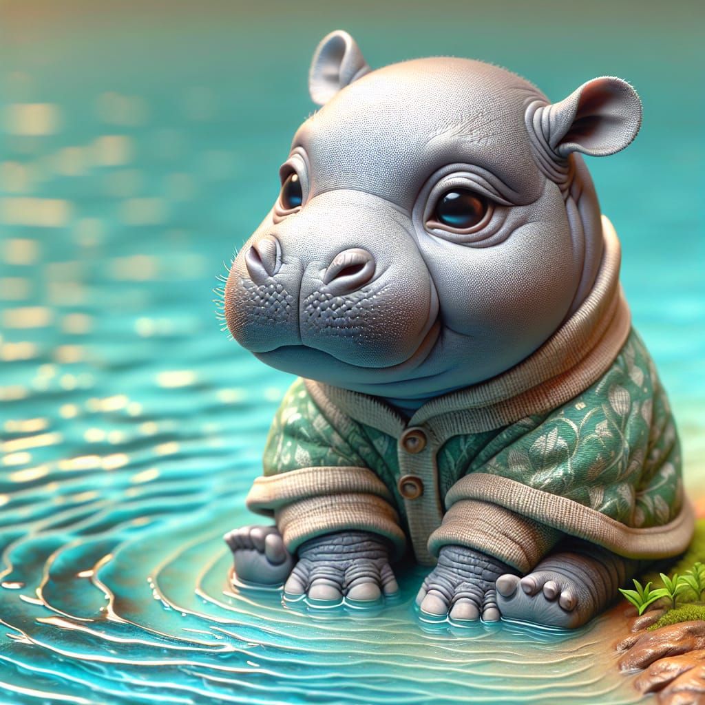 Adorable Baby Hippo Enjoying Pond in Realistic Style