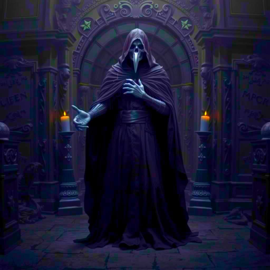 Silver and Black Plague Doctor in 19th Century Mausoleum