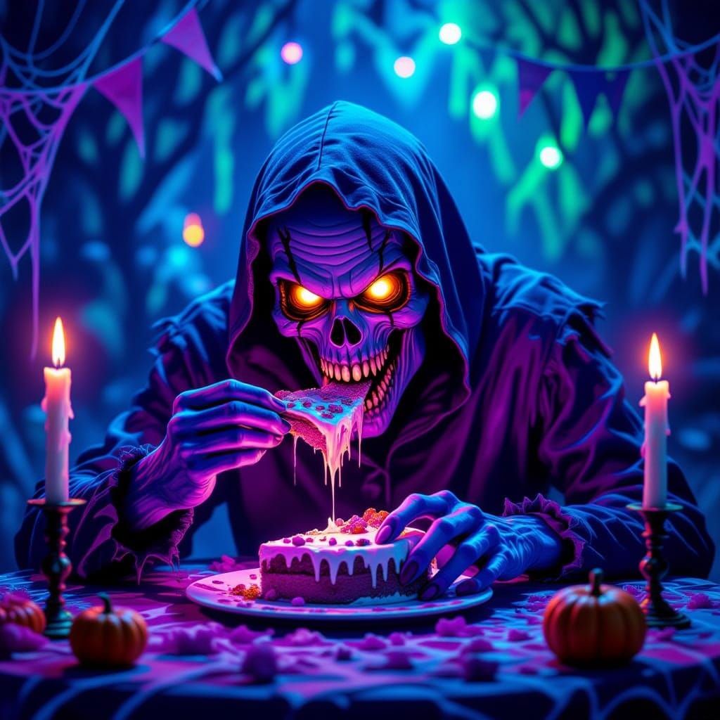Neon Purple Ghoul Enjoys Worm Cake at Spooky Birthday Party