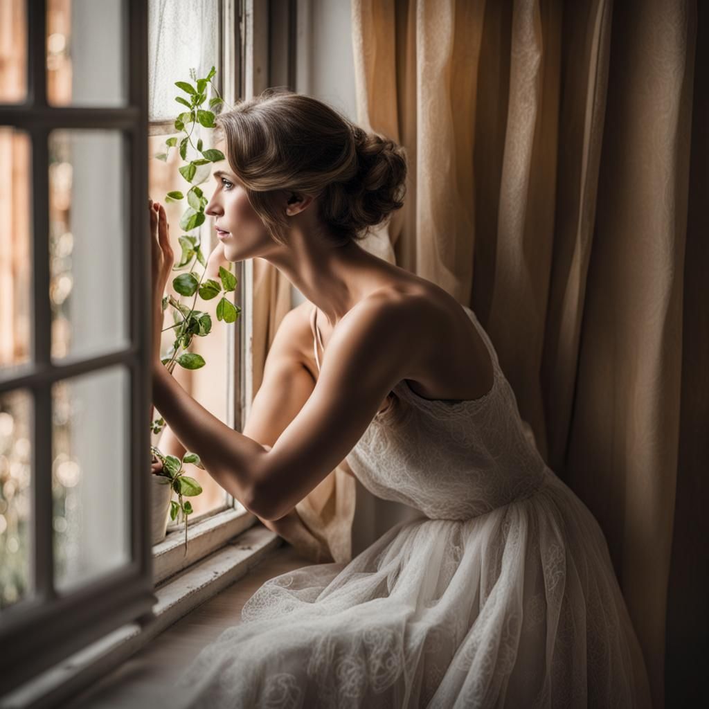 Woman Gazing out Window Lost in Thought