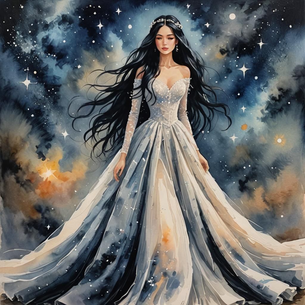 Night Sky Bride in Gouache Watercolor Style