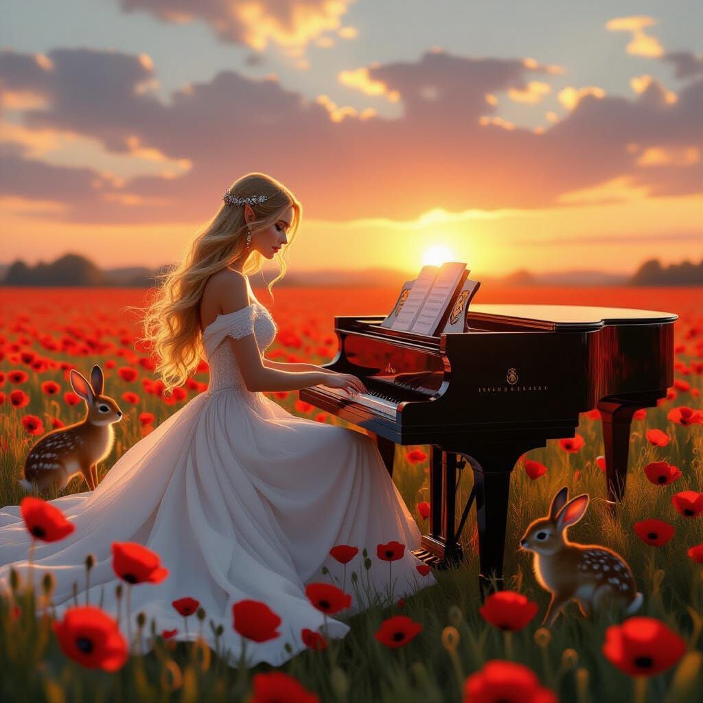 Elven Woman Plays Piano in Poppy Field at Sunset