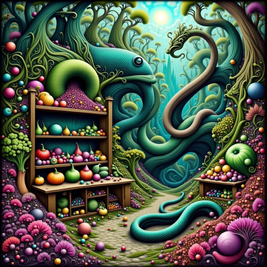 Surreal Serpent's Vegetable Labyrinth: Oil Painting