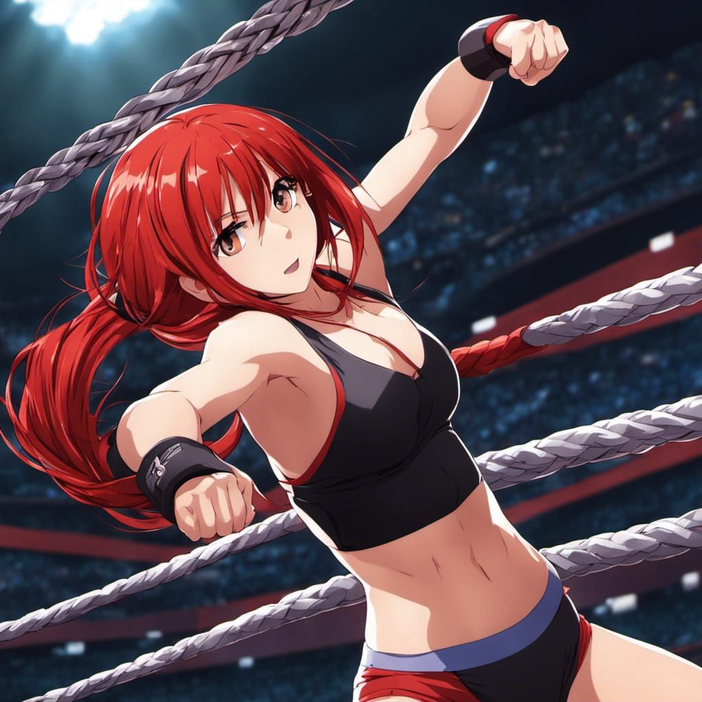 Anime Girl Wrestler Flying from Turnbuckle