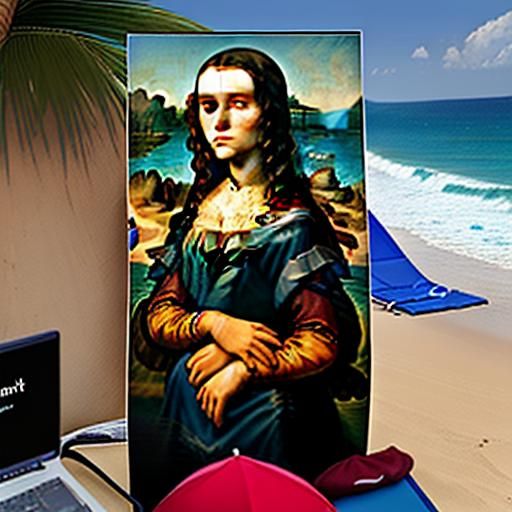 Mona Lisa  at the beach in France look ai is using photoshop...