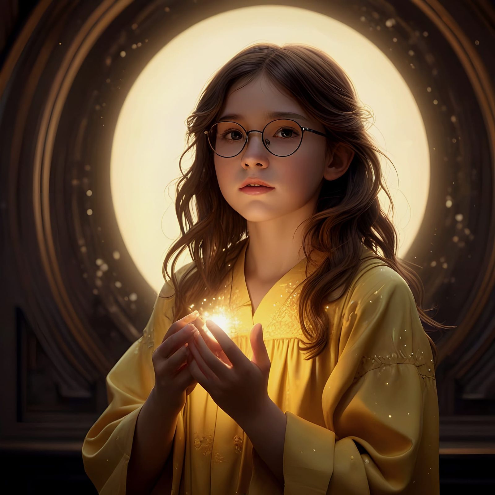 Child Praying to Glowing Light as Oil Painting