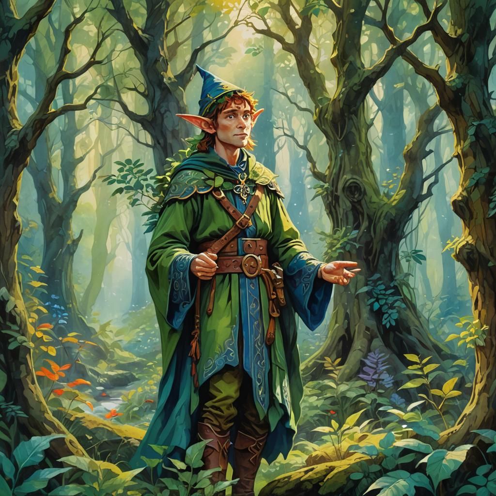 Elf Druid in Mystical Forest, Gouache Impasto Style