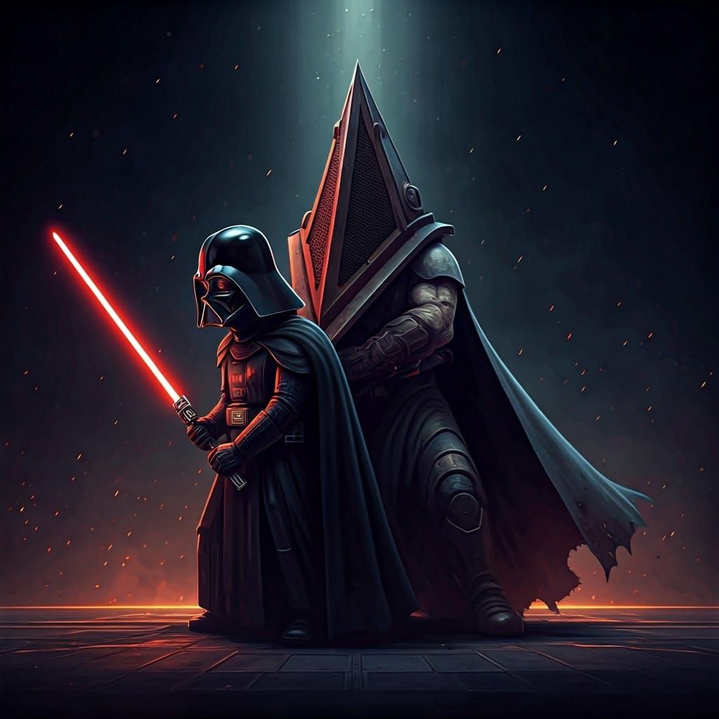 Chibi Pyramid Head and Vader in Neon Deathstar Scene