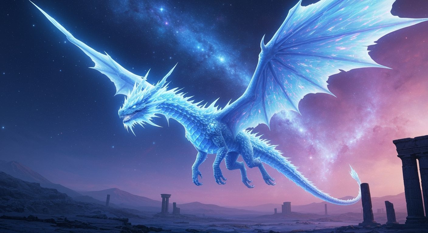Ice Dragon Soaring Through Nebula Sky