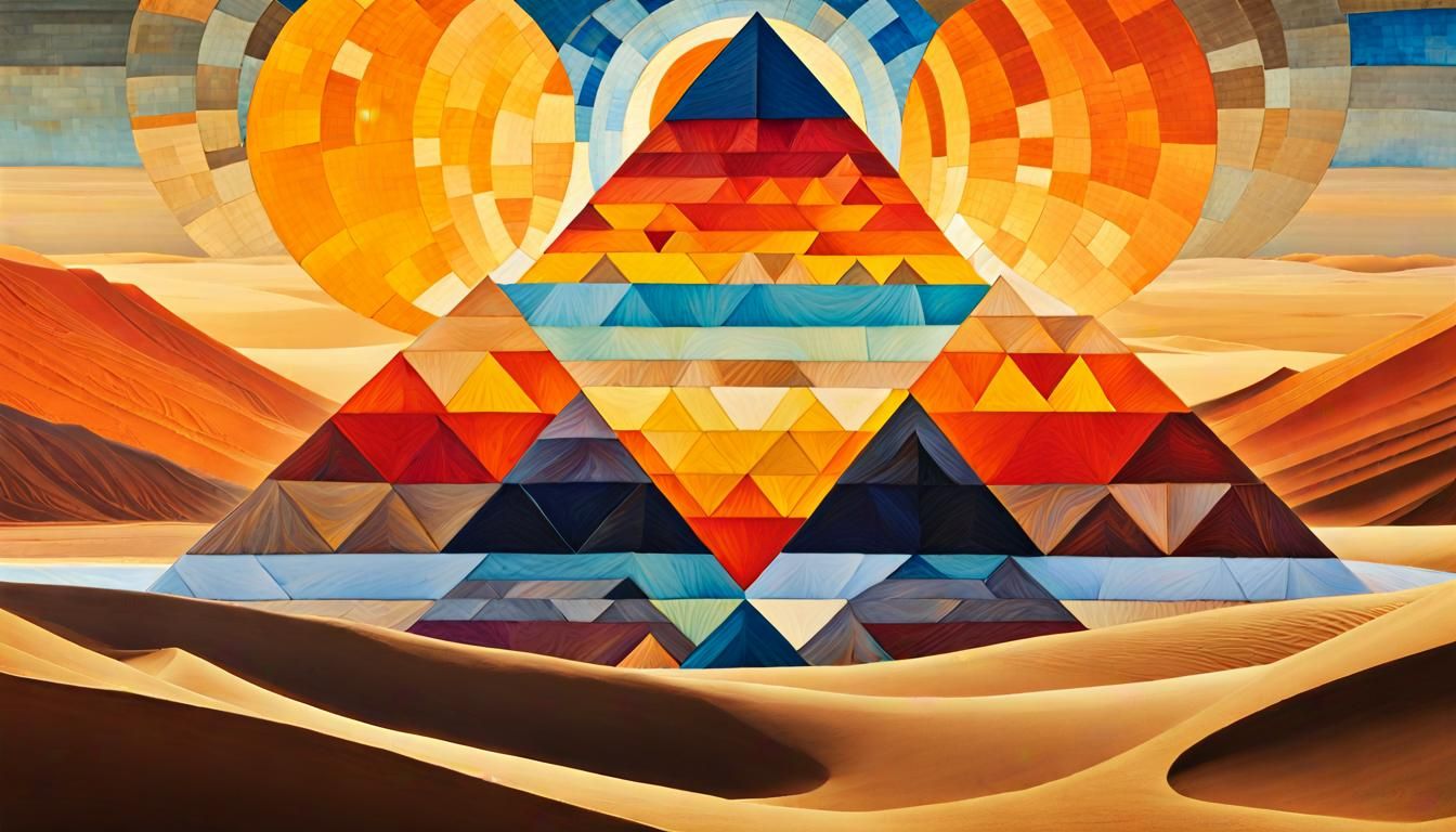 COLORFUL::Sacred geometry, tiled pyramid in desert with rising sun, by Hilma af Klint, geometric, deep saturation...