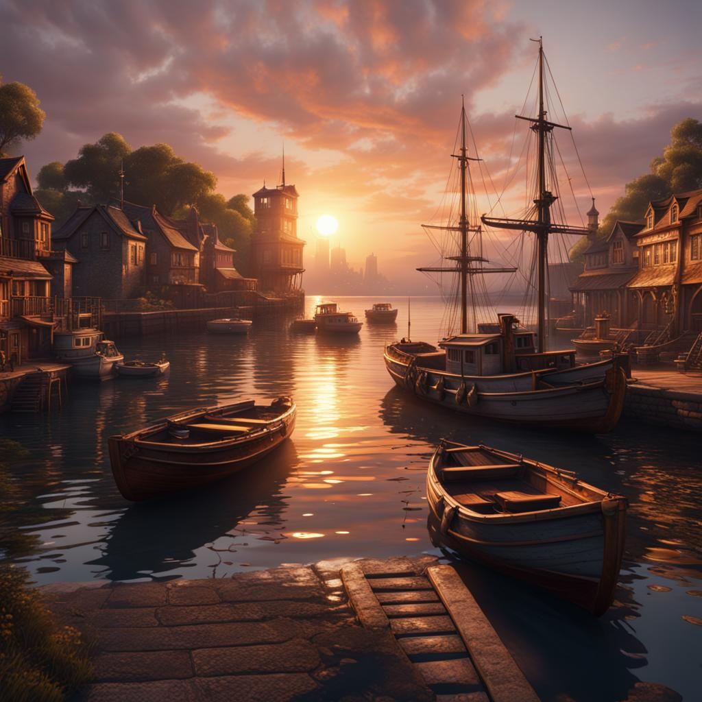 Sunset Harbour with Boats: Detailed Matte Painting