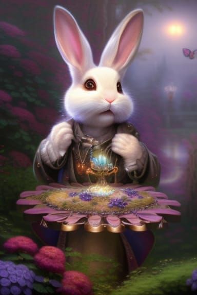 Cute Rabbit Magician in Ethereal Flower Garden