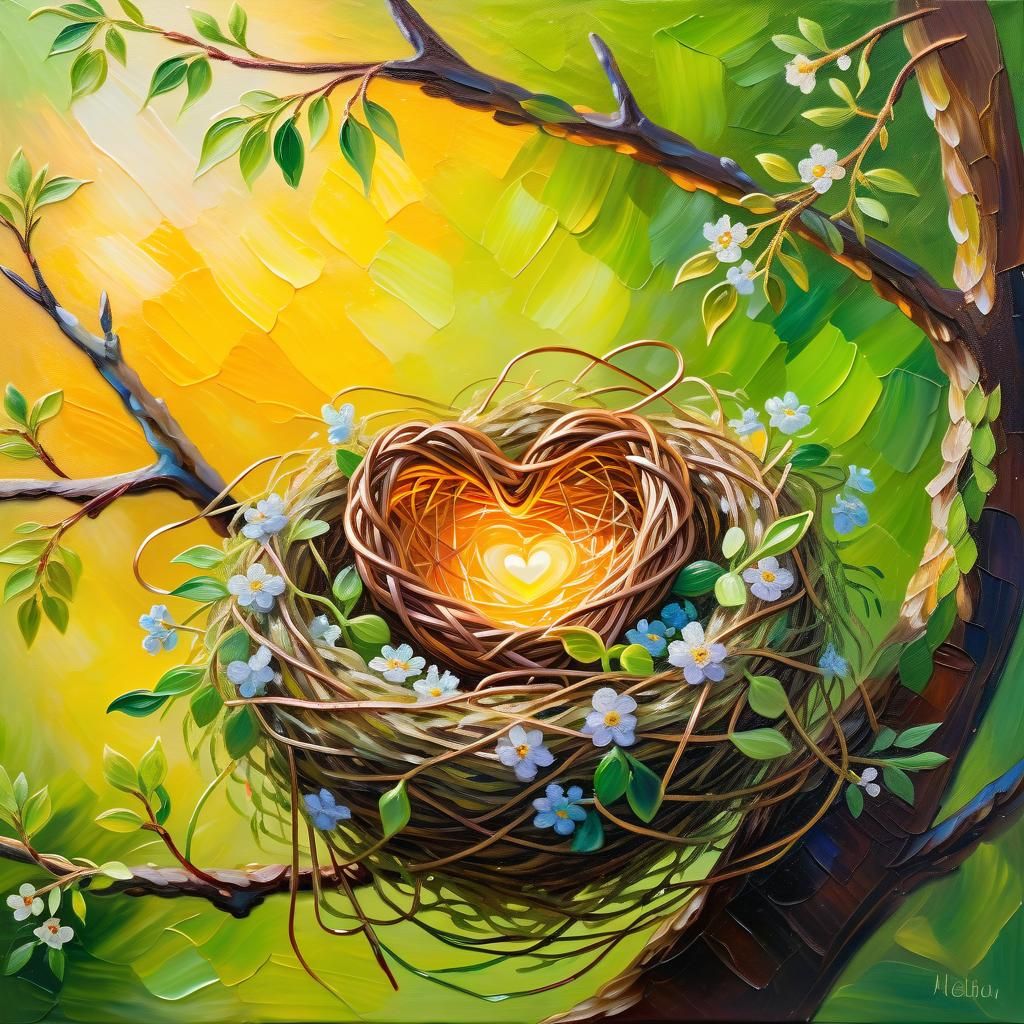 Heart in Bird's Nest: Impressionist Oil Painting