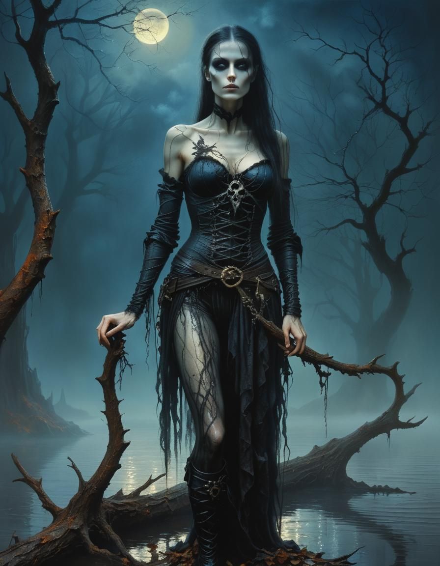 Gothic Pirate Portrait in Moonlight, Oil Painting