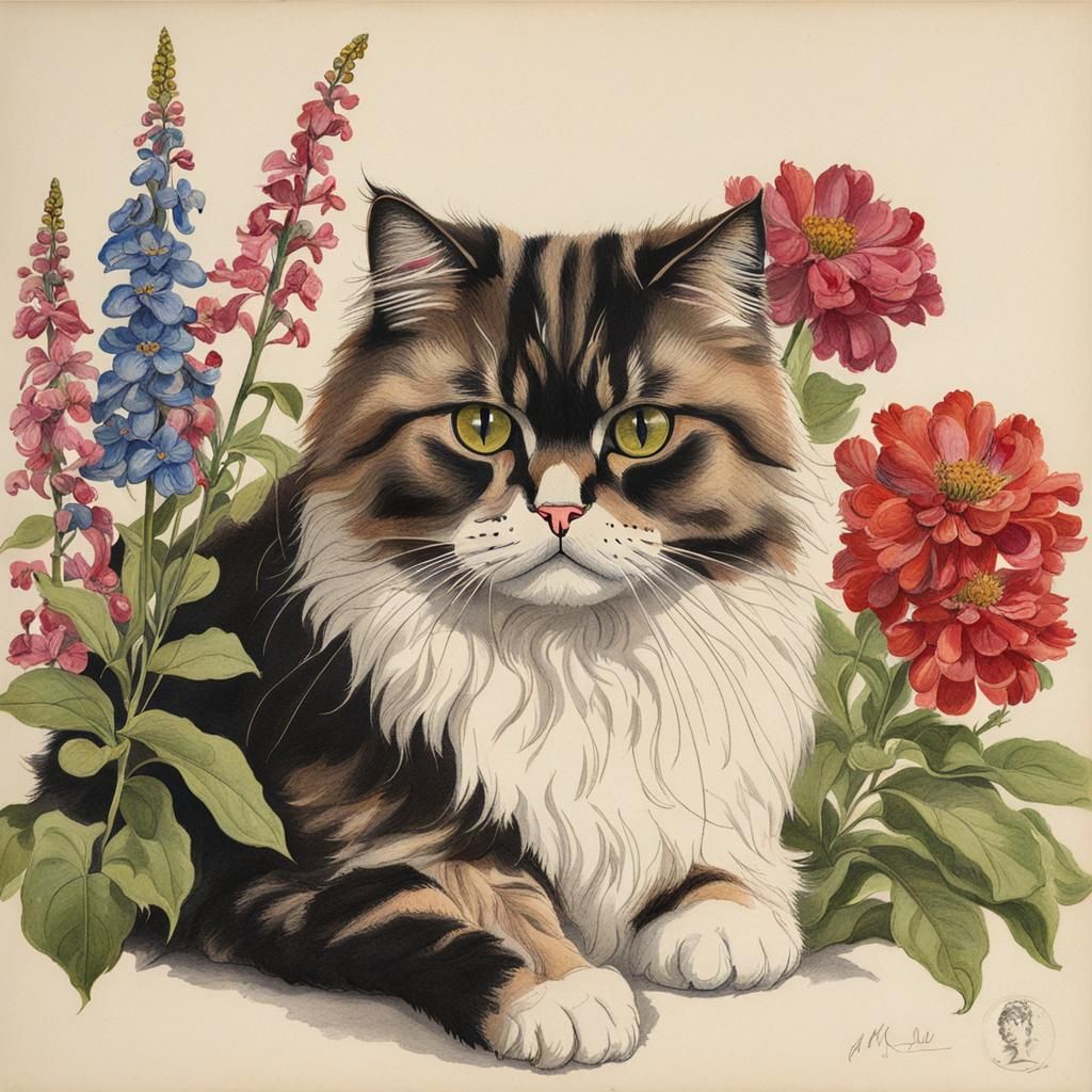 Margaret Ursula Mee botanical colored ink drawing of a Persi...