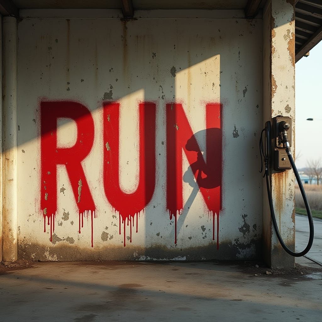 Gritty Urban Graffiti: Distressed Gas Station Wall with Omin...