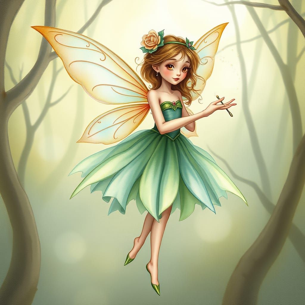 Delicate Fairy in Pastel Tutu, Sprinkling Magical Dust Under...