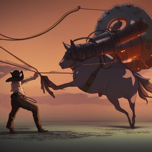 Steampunk Cowboy Catches Mechanical Bull: Anime Visual