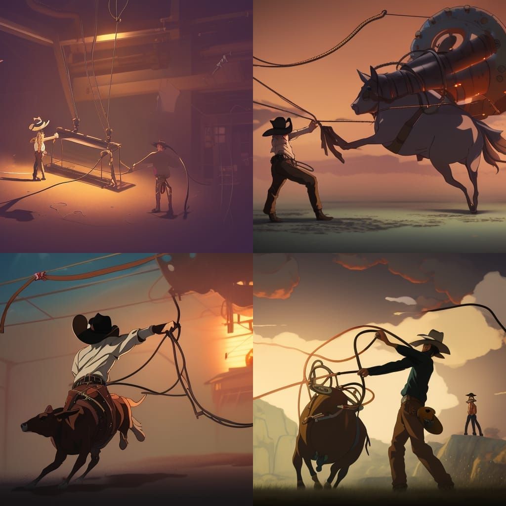 Steampunk Cowboy Captures Mechanical Bull, Anime Style