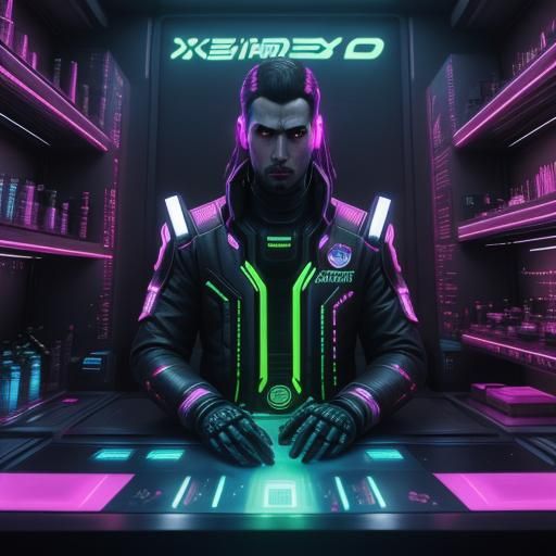 Futuristic Lab with Asian Scientists in Cyberpunk Style