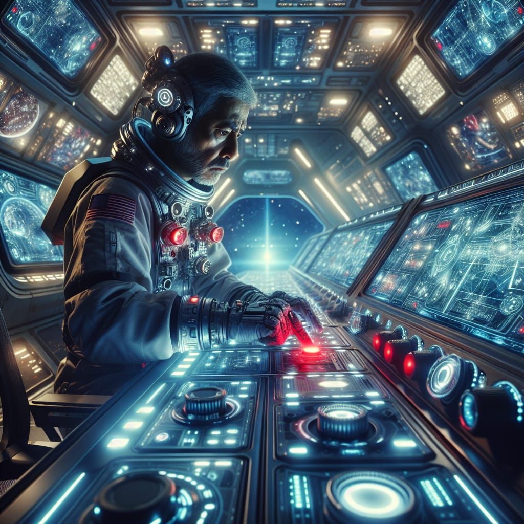 Astronaut Presses Button in Futuristic Spaceship