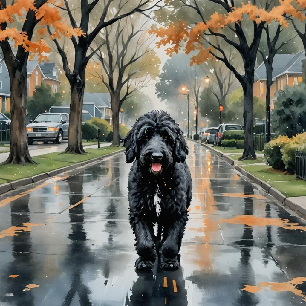 Watercolor Sheepadoodle Walking on Rainy Day