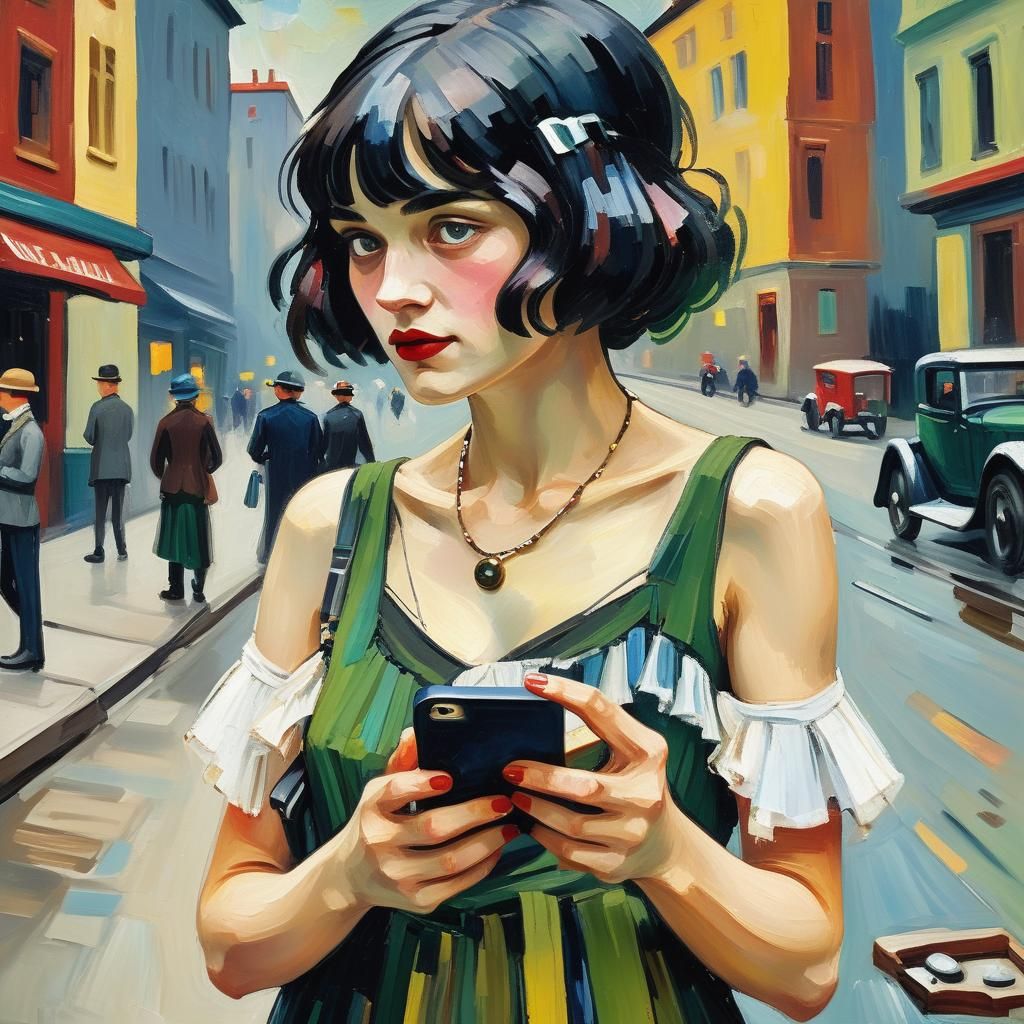 Flapper Girl with iPhone in Neo-Impressionist Style