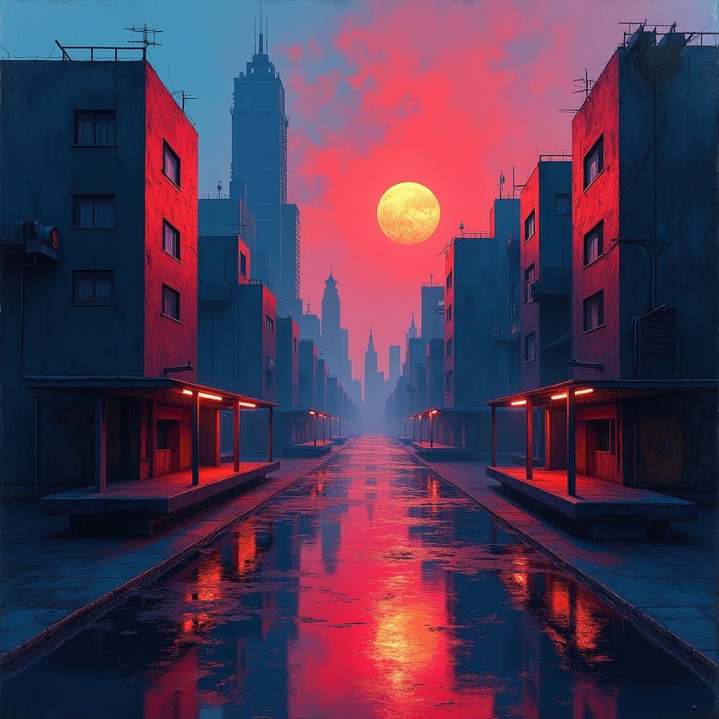 Abstract Cityscape at Night in Bold Vector Art