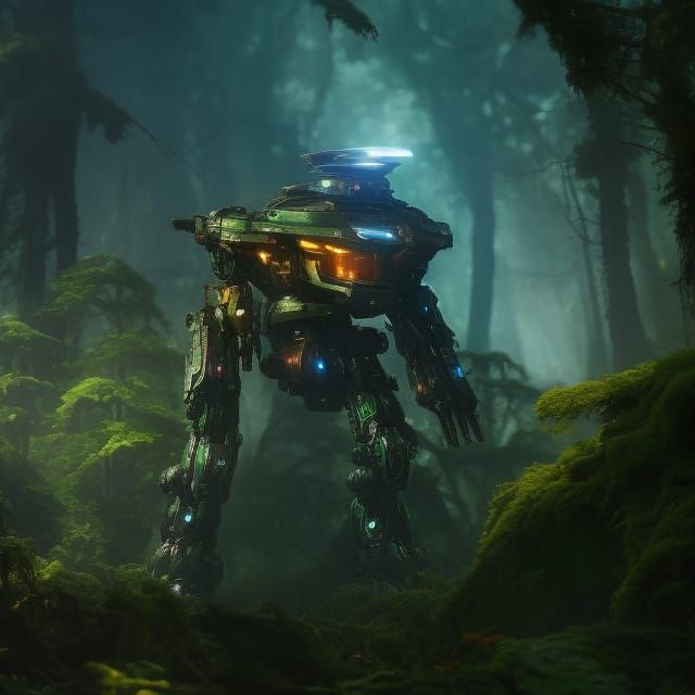 Moss-Covered Mecha in Ruined Cyberpunk Landscape
