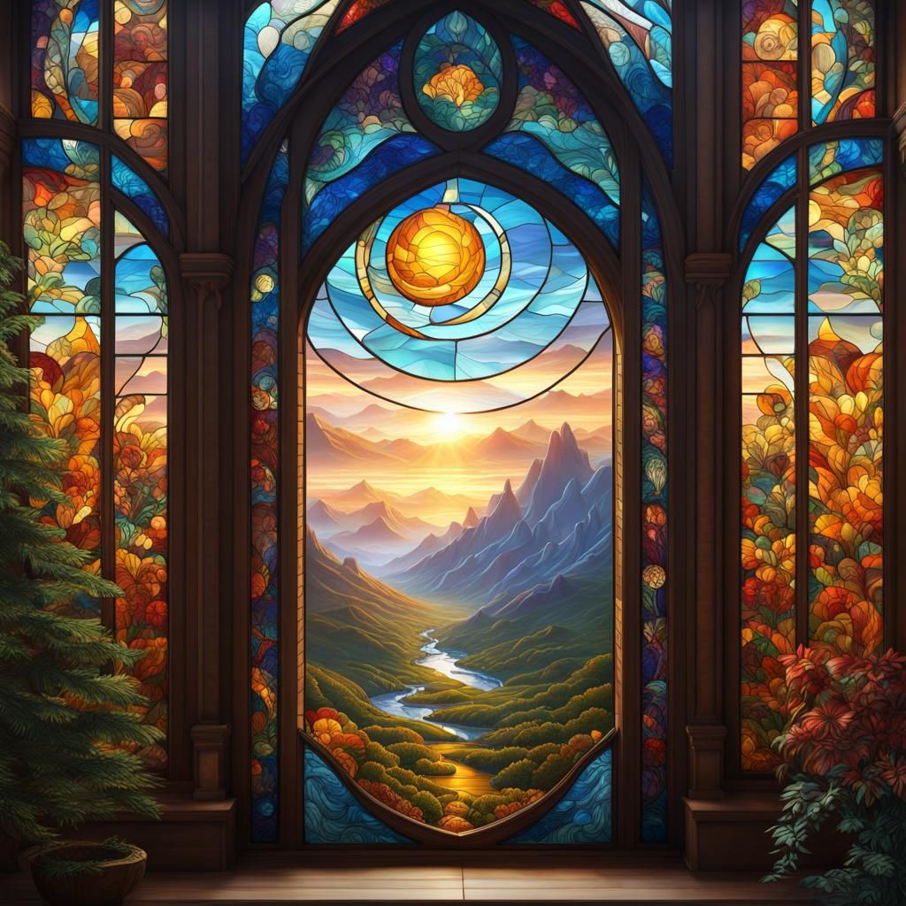 Stained Glass Landscape with Fibonacci Sequence
