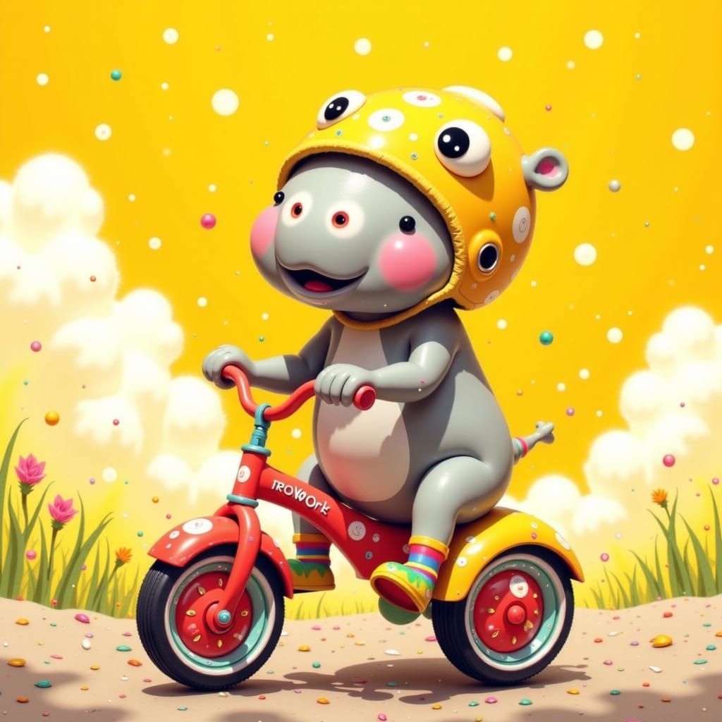 Whimsical Hippo Rides Tricycle in Miyazaki Style