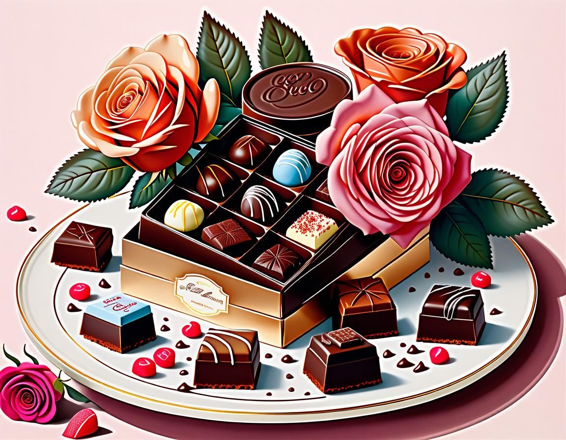 Chocolates and Roses in Decadent Illustration