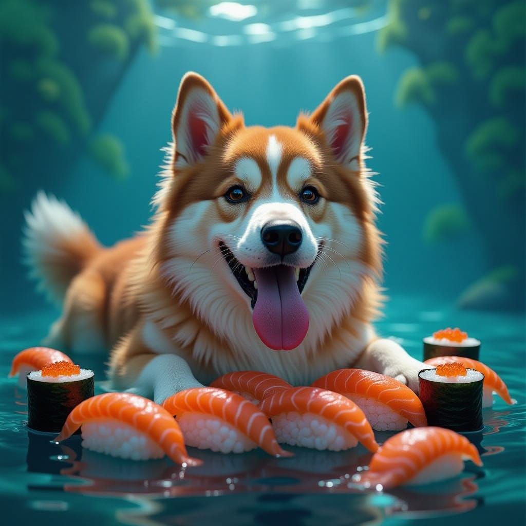 Surreal Fish Dog with Salmon Tongue and Sushi