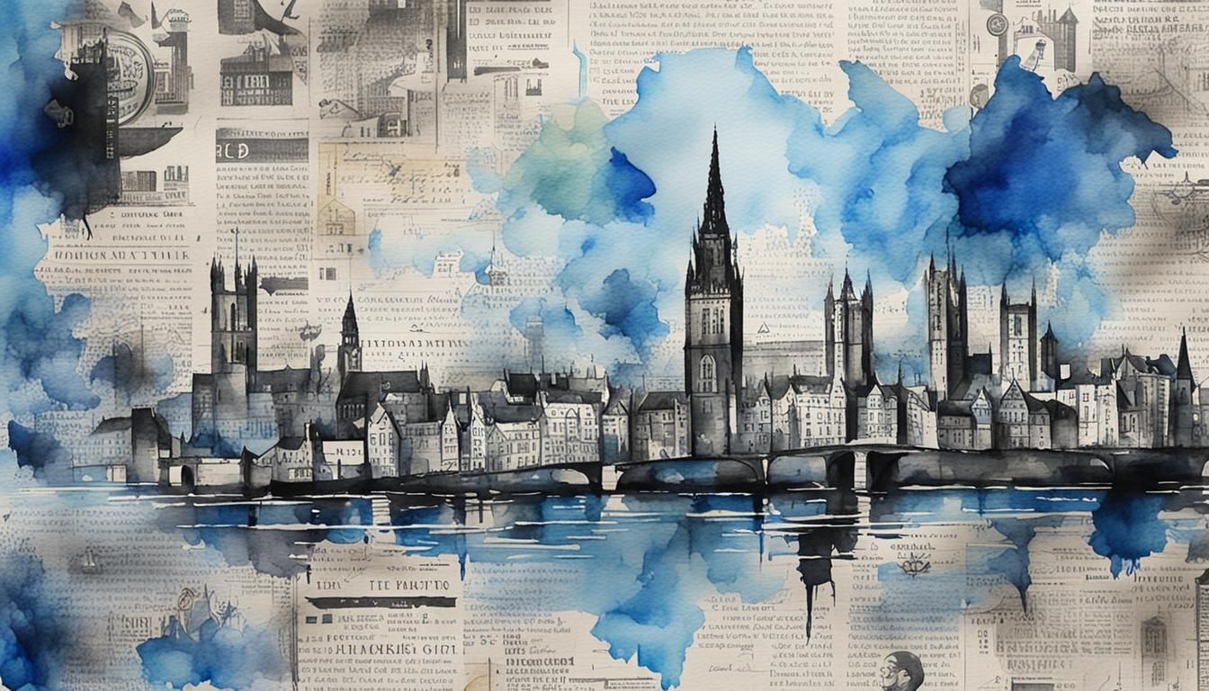 English City Watercolor Painting on Newspaper