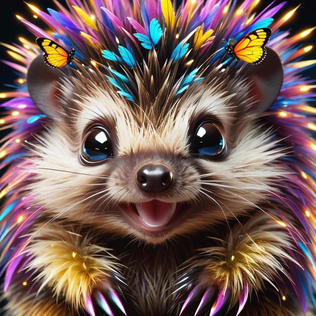 Adorable Baby Porcupine with Butterfly, Fantasycore Concept ...