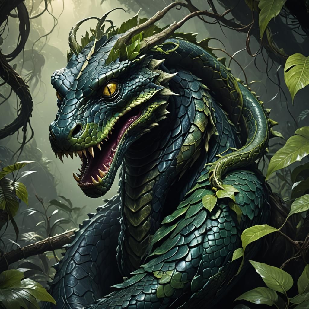 Snake-Reptile Hybrid in Dark Fantasy Jungle