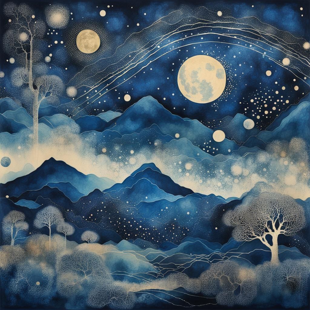 Ethereal Cyanotype Landscapes with Klimt and Kintsugi Elemen...