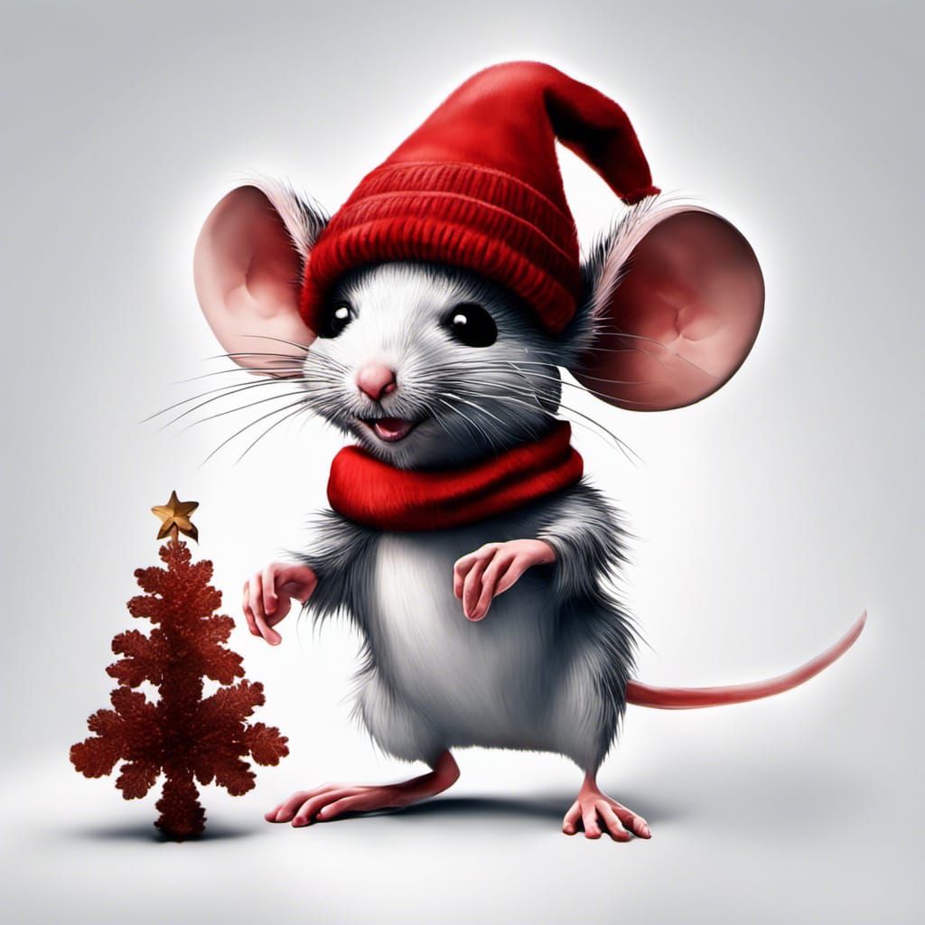 Festive Christmas Mouse with Tattoo and Red Hat