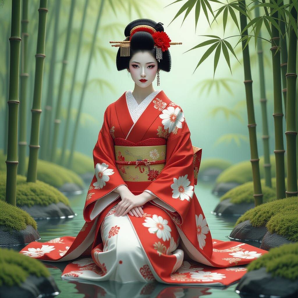 Kitsune Geisha in Bamboo Garden, Japanese Art