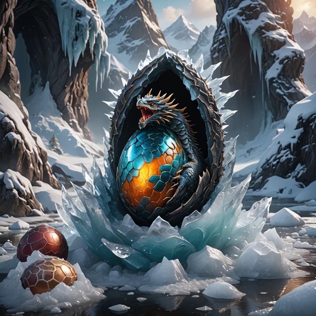 Dragon Egg Hatching in Ice: Fantasy Concept Art