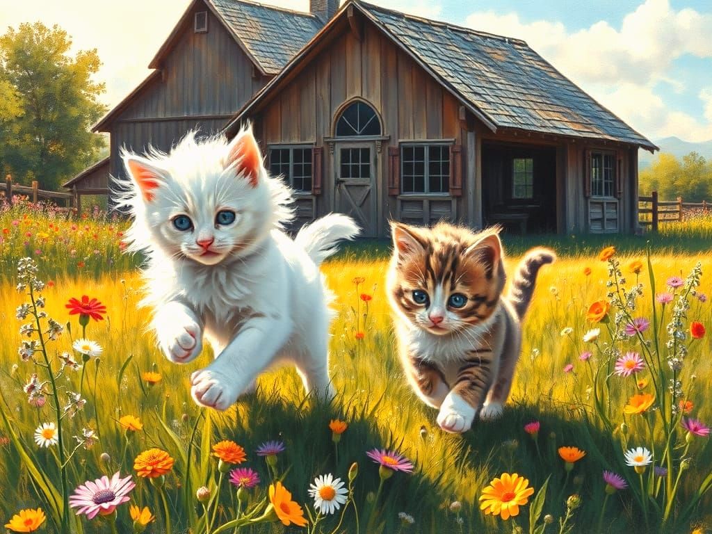 Fluffy Kittens Playing in a Field of Flowers