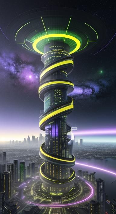 Ultra-Realistic Spiral Skyscraper with Neon Lights in Space