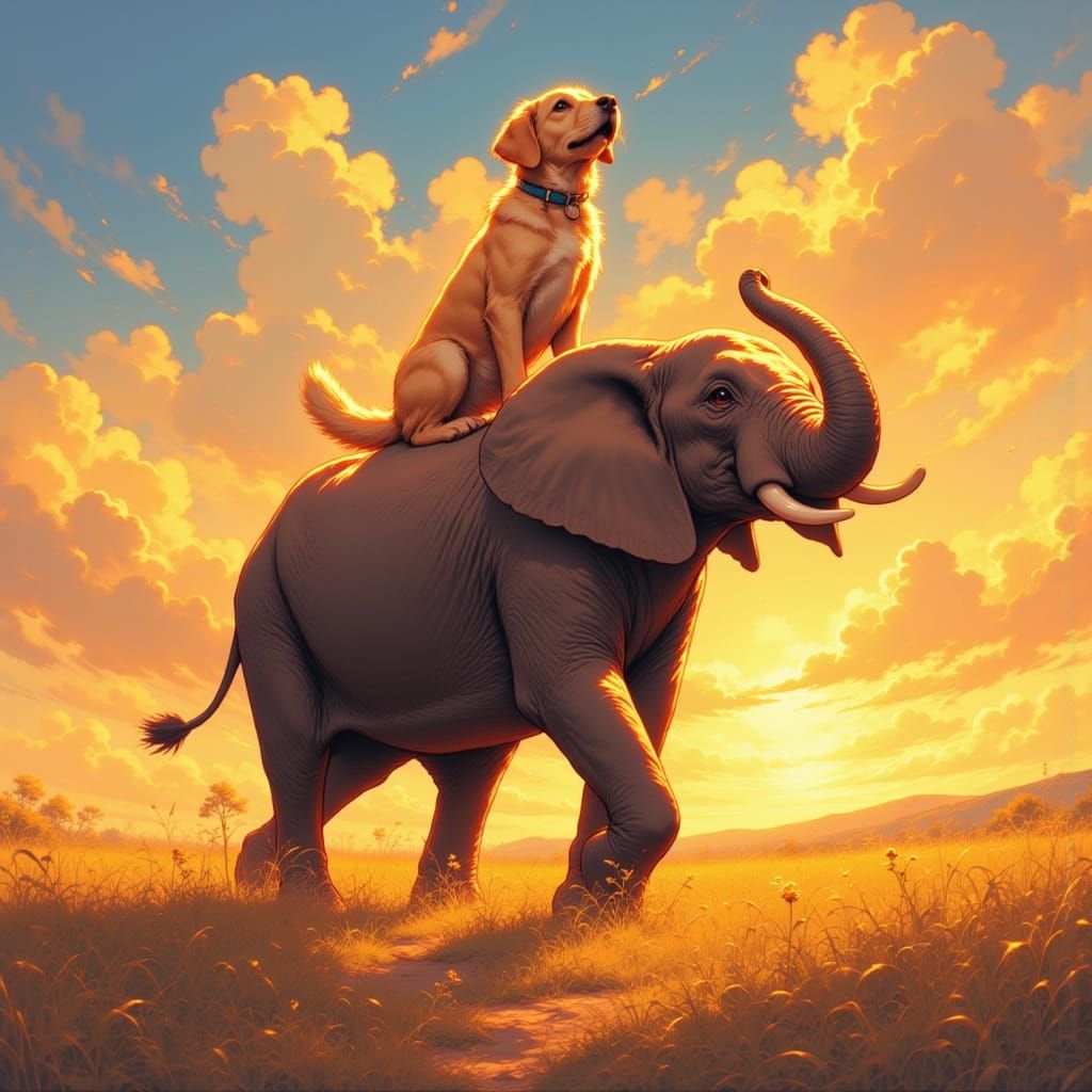 <lora:Hiroya Oku style:1.0> <lora:The Hare of Inab:1.0> 
A happy dog riding and African elephant across the plains at su...