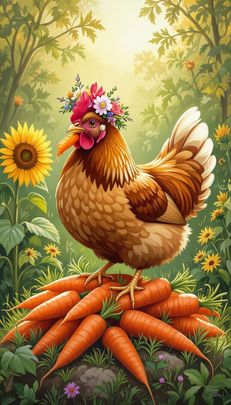 Whimsical Chicken Eats Glowing Carrots in Sunny Meadow