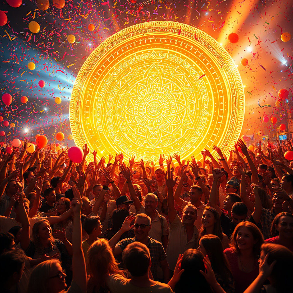 Ecstatic Crowd Celebrates at Gleaming Portal