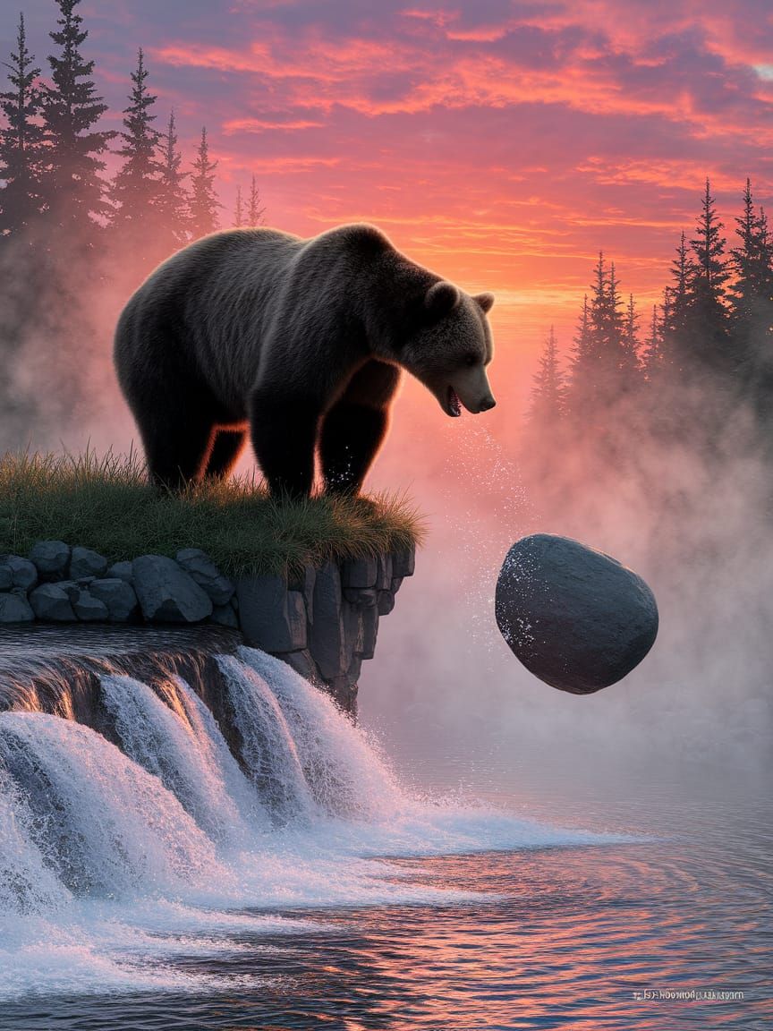 Bear Silhouetted Against Sunset, Throwing Stone into River
