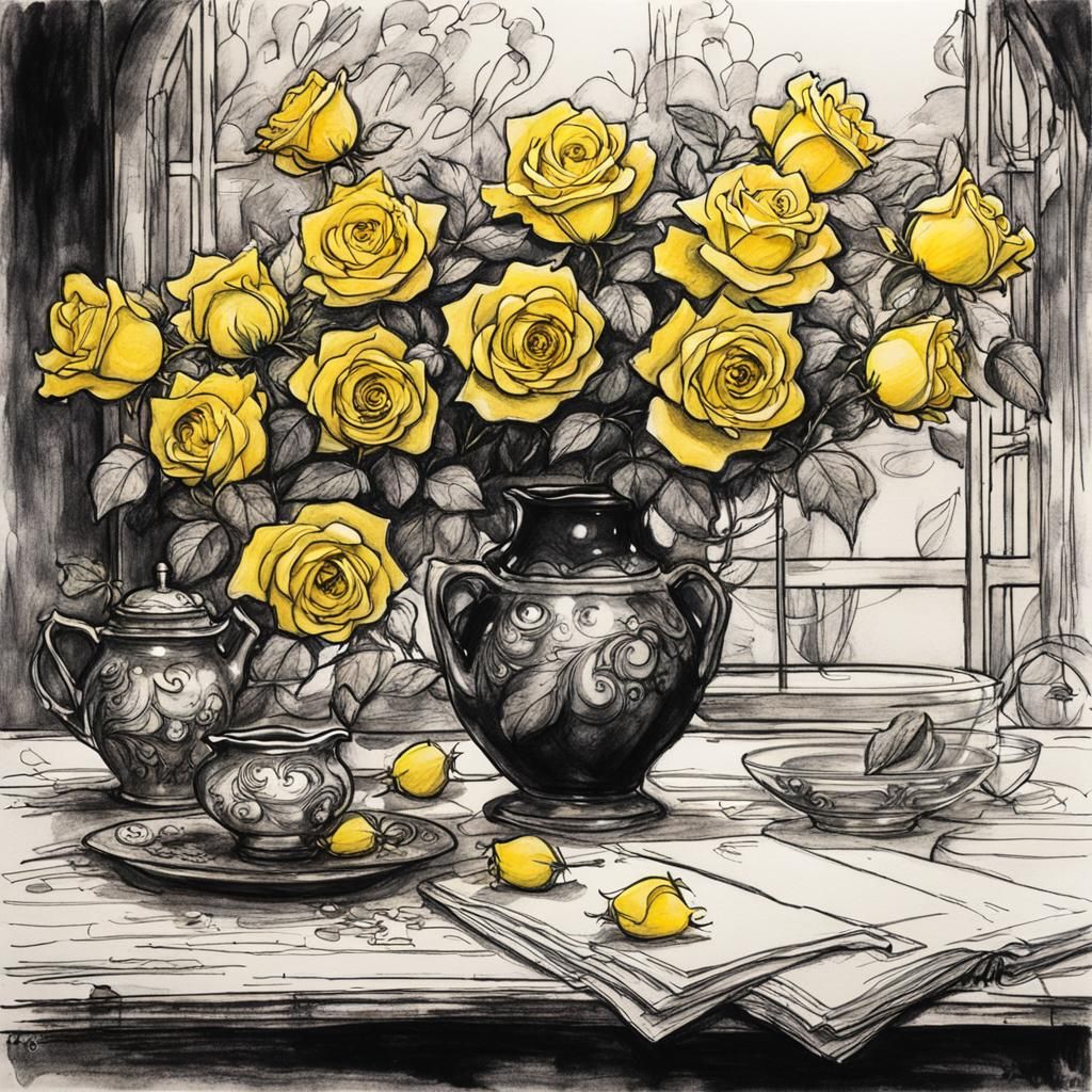 Yellow Roses Ink Drawing in Anime Style